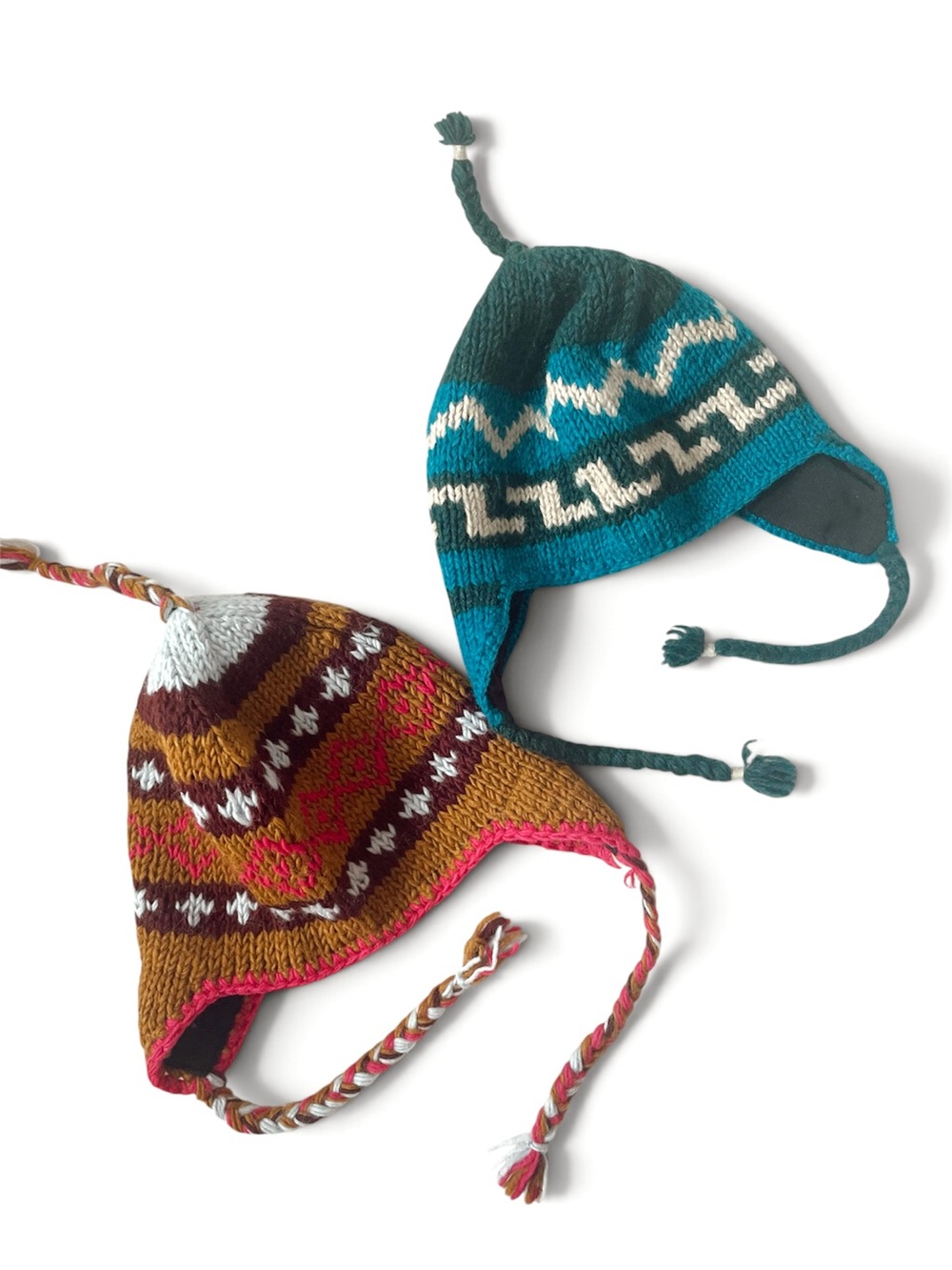WOOL HANDMADE in Nepal Winter Hats Ski Intarsia Hand Knit Sherpa Chullo Beanie